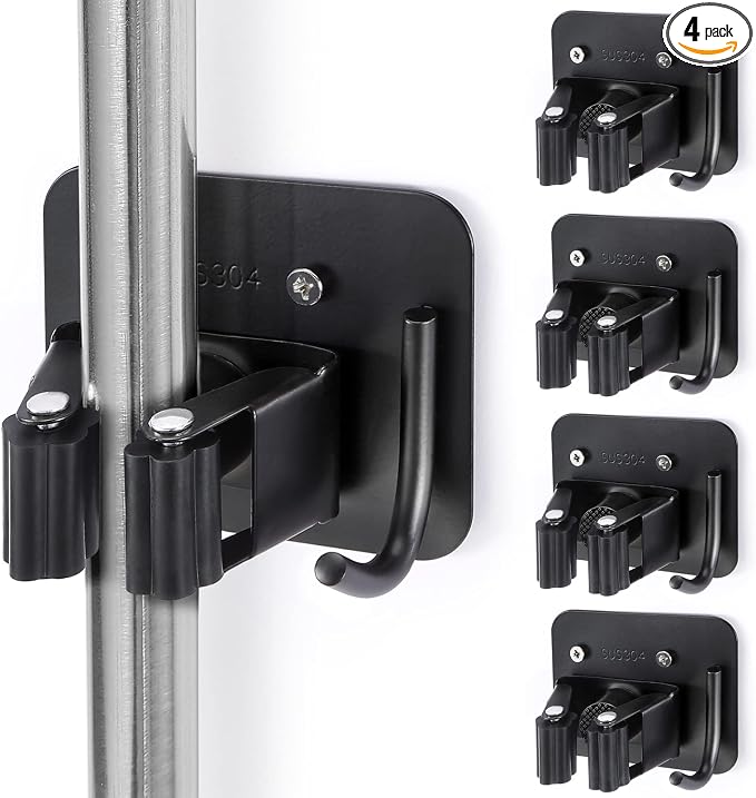 Stainless Steel Broom Holder, Heavy Duty, Rust Resistant, 4 Gripper Positions with 4 Hooks, Black by Unknown