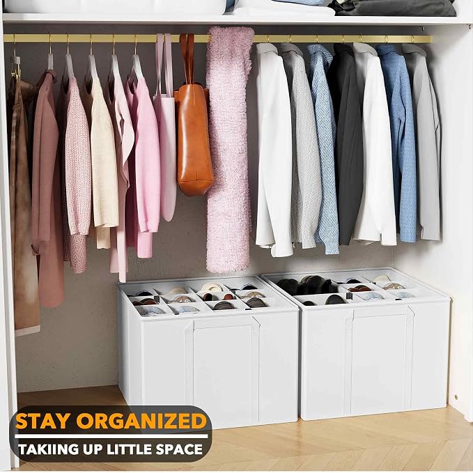 SpaceAid Shoe Organizer for Closet, 2 Pack Foldable Shoe Storage Containers Baskets Boxes Bins w/Adjustable Dividers, Fits 16-32 Pairs, White - Image 6