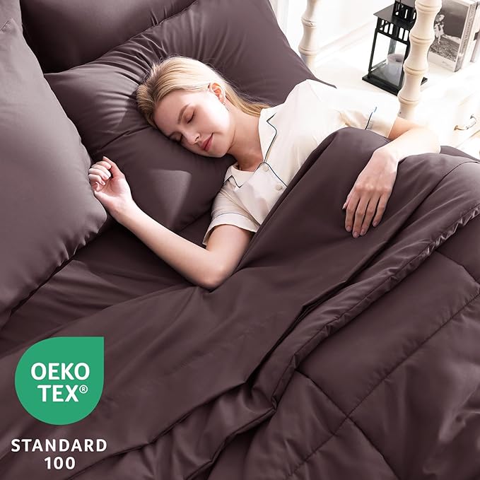 CozyLux Full Size Comforter Set Cocoa Powder, 7 Pieces Bed in a Bag, Brown Comforter Full Size, All Season Bedding Sets with Stitch Quilted Comforter, Flat Sheet, Fitted Sheet, Pillowcases