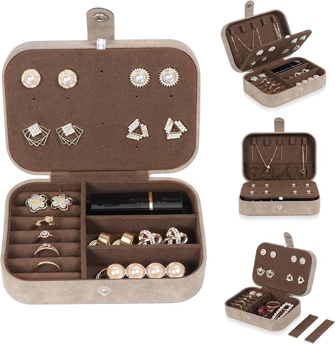 Hatori Travel Jewelry Box, PU Leather Small Jewelry Organizer for Women Girls, Portable Mini Travel Case Display Storage Holder Boxes for Stud Earrings, Rings, Necklaces, Bracelets (Brown) - Image 7