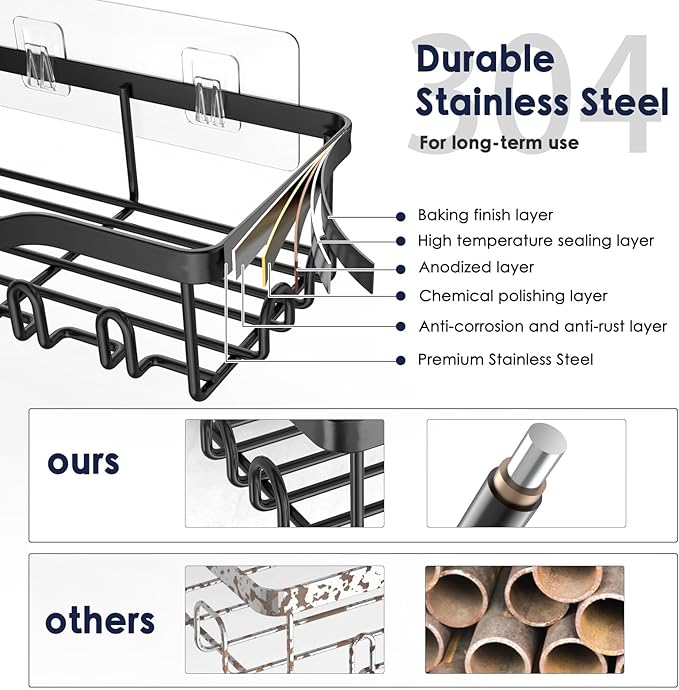 NESOMI Shower Caddy Adhesive Shower Organizer 7-Pack, Rustproof Stainless Steel Bathroom Shelves, Large Capacity No-Drill Rack Storage Accessories with Soap Dish Toothbrush Holder &24 Hooks Home Decor - Image 3