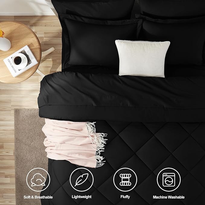 CozyLux Oversized King Comforter Set Black - 7 Pieces Bed in a Bag Comforter Set with Sheets, Luxury Soft Bed Set All Seasons, Bedding Set with Down Alternative Comforter, Sheets, Pillowcases & Shams
