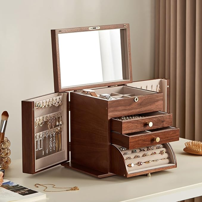 Black Walnut Wooden Jewelry Box, Wood Jewelry Organizer with 2 Side Doors Mirror Lockable Classical for Watch Necklace Ring Earring Mothers Day Gifts for Mo-4 Layer with Curved Ring Grooves by Homruilink