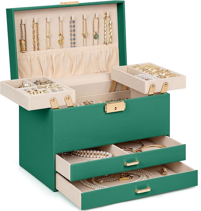 AKOZLIN Travel Jewelry Box Organizer Functional 2-trays Leather Jewelry Storage Case with Lockable Portable 2 Drawers for Women Girls Ring Necklace Earring Bracelet by AKOZLIN