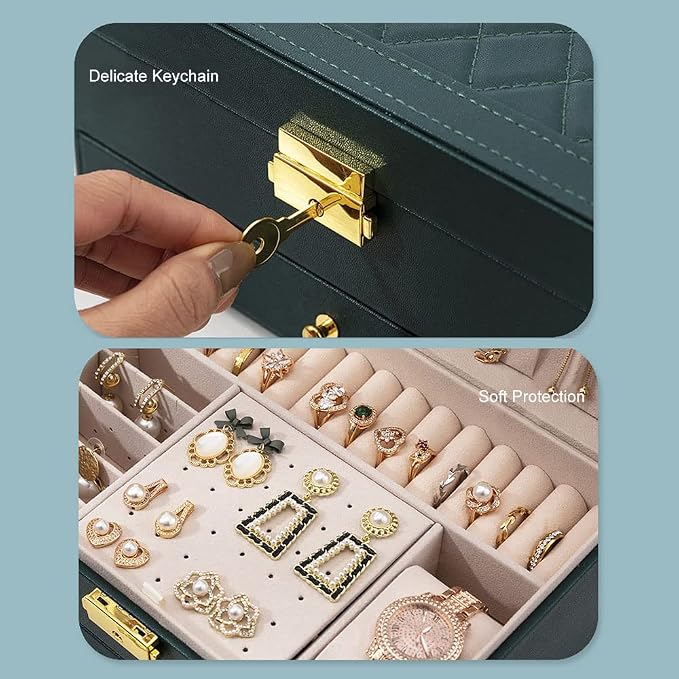 GUOER Jewelry Box for Women Girl Wife - Large PU Leather Jewelry Organizer Storage Case with Two Layers Display for Earrings Bracelets Rings Watches (Green) - Image 6