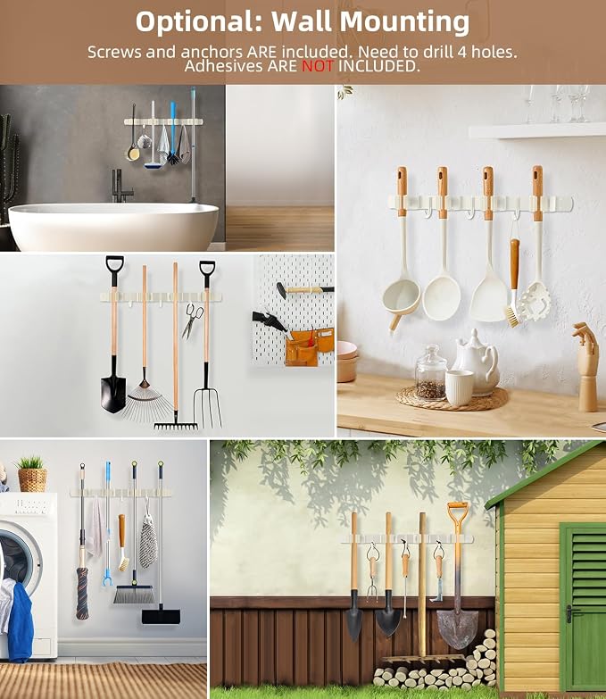 Broom Holder Over The Door - 304 Stainless Steel Mop and Broom Holder Wall Mounted or Hanging Over The Door with Hooks - Broom Hanger - white, Broom Storage Tool Organizer for Closet Laundry - Image 8