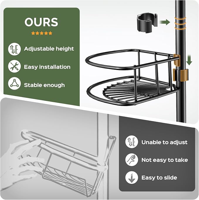 HAMITOR Corner Shower Caddy Tension Pole: 4-Tier Rust-Resistant Adjustable Bathroom Organizer Shelves - 47-121 Inch No-Drill Quick Installation - Space-Saving Storage for Renters Families - Black - Image 3