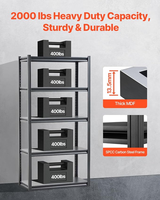 VEVOR Storage Shelves, 2000 lbs, 5 Tier Garage Storage Shelving, 18" D x 36" W x 72" H Adjustable Metal Shelves for Garage Shelves Utility Rack Shelf, Ideal for Kitchen, Warehouse, Basement, Black - Image 4