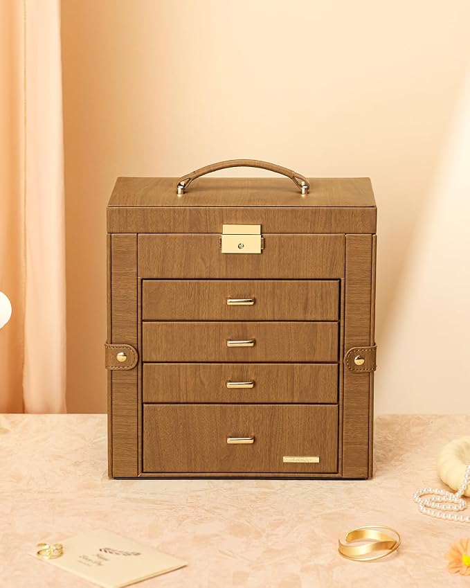 Homde Mothers Day Gifts Synthetic Leather Huge Jewelry Box Mirrored Watch Organizer Necklace Ring Earring Storage Lockable Gift Case (Brown + Gold) - Image 9
