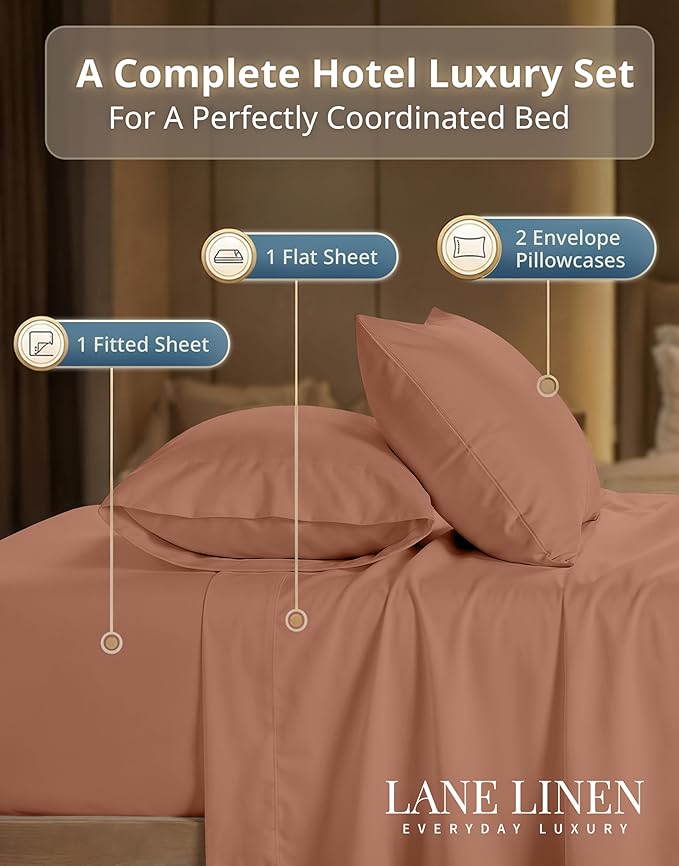 LANE LINEN 100% Cotton Sheets Twin Size - 600 Thread Count Sateen Weave Hotel Quality Luxury for Guest Rooms - 15'' Deep Pocket for Snug Fit to Your Mattress - Terracotta Blush