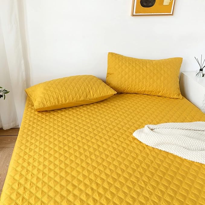 jejeloiu Yellow Quilted Mattress Pad, 100% Waterproof Breathable King Bedding Fitted Sheet Mattress Protector 14" Deep Pocket Cotton Snow Down Alternative Filling Mattress Cover (King,Yellow)