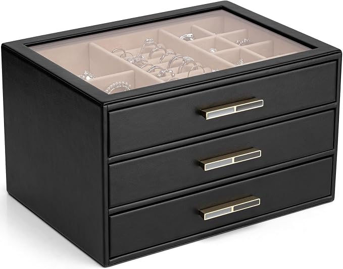 VLANDO Jewelry Box for Women, Glass Lid Jewelry Organizer with 3 Drawers for Necklaces Rings Earrings Bracelets - Black by VLANDO