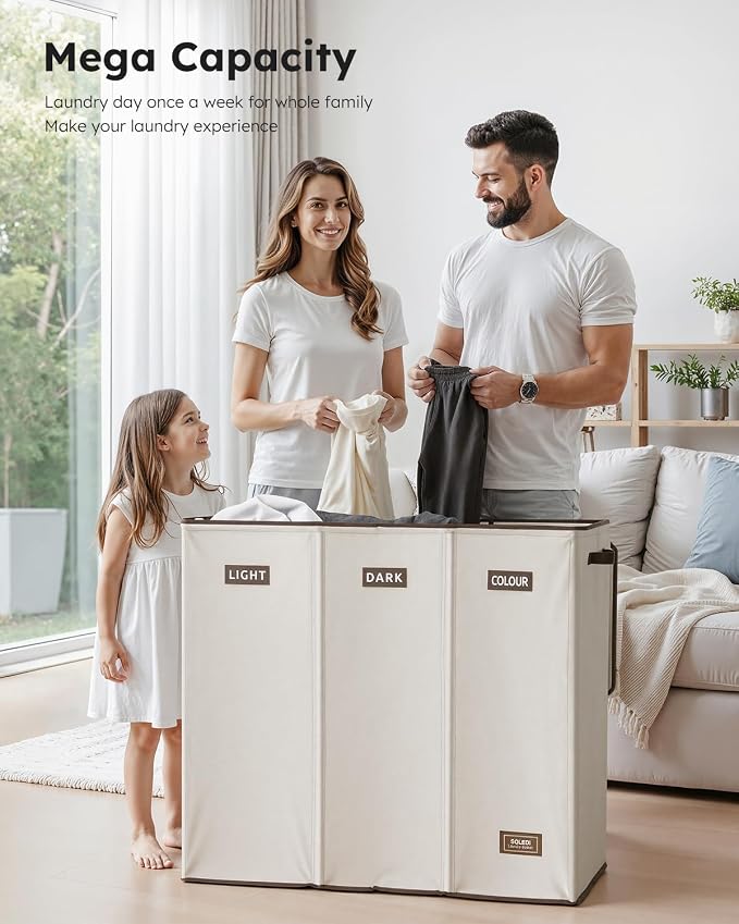 SOLEDI 200L 3-Section Laundry Hamper with Lid, Extra Large Dirty Clothes Basket with Sturdy Handles for Laundry Room & Bedroom - Durable Organizer for Sorting Laundry - Image 2