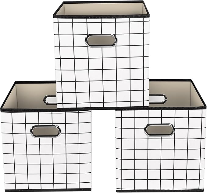 Yunkeeeper storage bins Cubes, Fabric Cube Organizer with Handle, Foldable Cube Bins for Cloth or Accessary Storage, 11x11x11, Set of 3,(White grid) by Yunkeeper