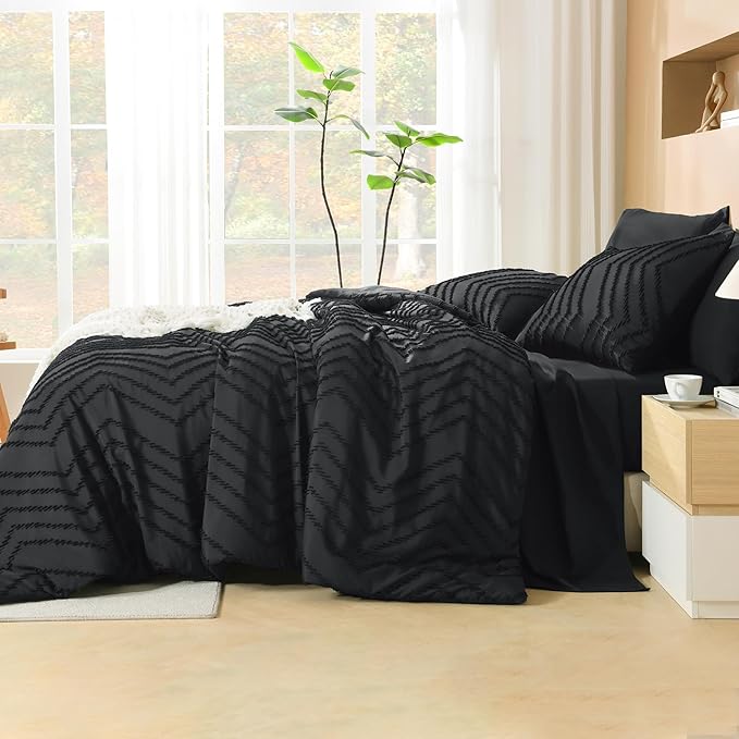Litanika Black King Size Comforter Set with Sheets - 7 Pieces Bed in a Bag King Tufted Complete Bedding Sets with Comforter, Sheets, Pillowcases & Shams