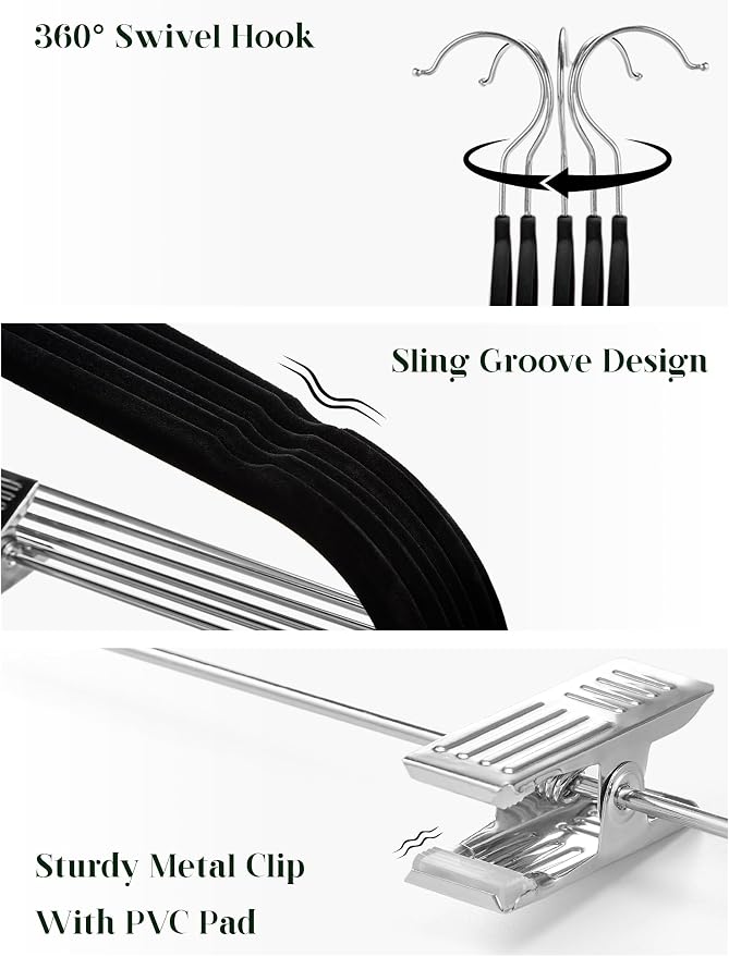 Cozymood Velvet Skirt Hangers 24 Packs Velvet Hangers with Clips Ultra Thin Non Slip Velvet Pants Hangers Space Saving Clothes Hanger for Trouser, Skirts, Jeans (Black) - Image 3