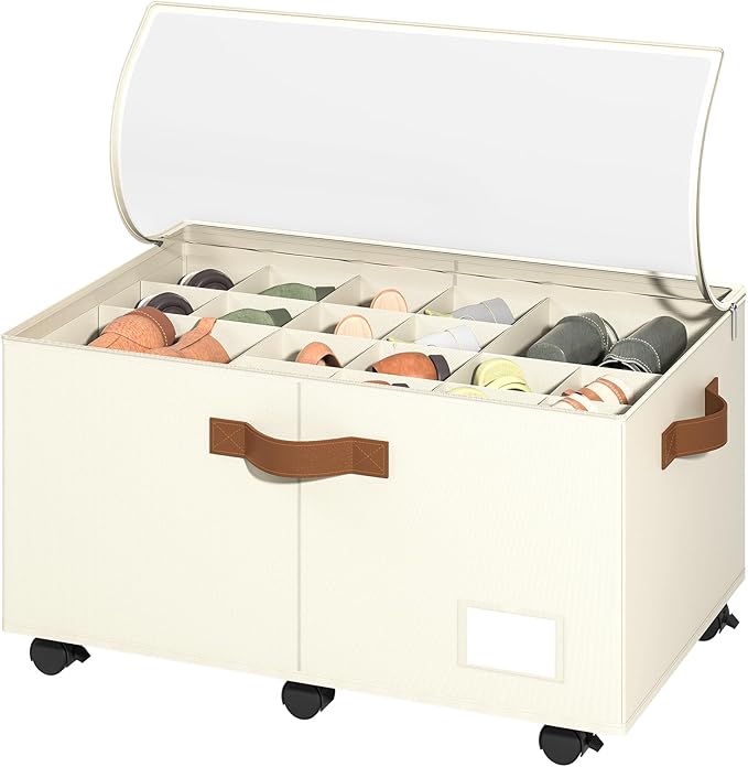Foyego Shoe Organizer for Closet, Shoe Storage Organizer with Wheels and Adjustable Dividers, Stackable Shoe Storage Box with Clear Cover, Foldable Closet Shoe Organizer Fits up to 24-48 Pairs, Beige by Foyego