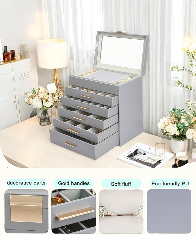 BOOVO Jewelry Boxes for Women, White and Black 6 Layer Large Jewelry Box for Necklace, Bracelet, Earrings, Rings Storage, Jewelry holder Organizer for Girls Gift (Grey, 6 Layer) - Image 2