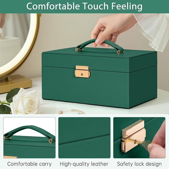 AKOZLIN Travel Jewelry Box Organizer Functional 2-trays Leather Jewelry Storage Case with Lockable Portable for Women Girls Ring Necklace Earring Bracelet - Image 5