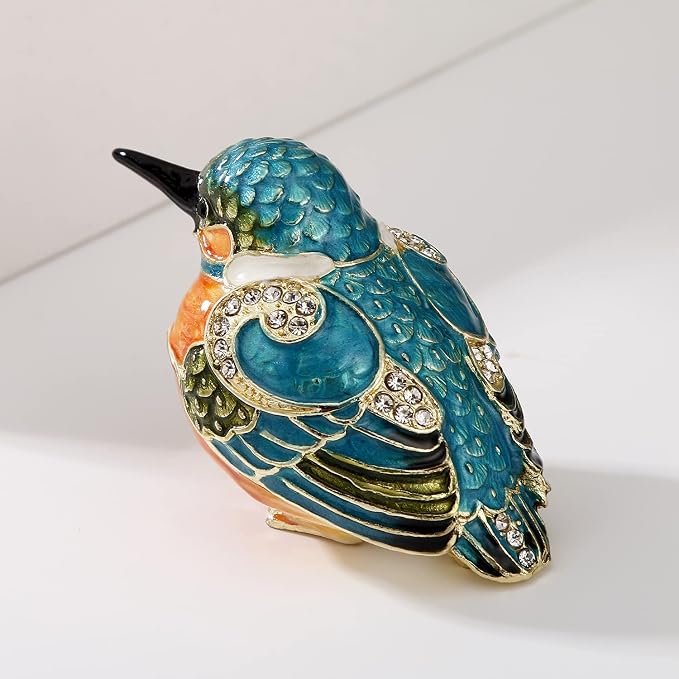 Hand Painted Enamel Kingfisher Trinket Box for Home Decor, Hinged Jewelry Organizer for Ring Earrings, Unique Figurine Keepsake Collectible Personalized Handmade Ornament Gifts (Blue Kingfisher) - Image 5