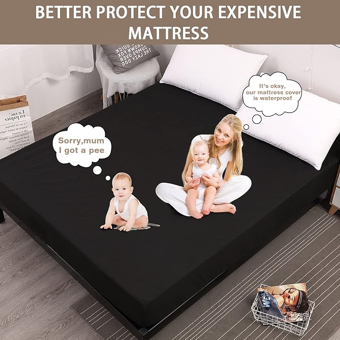 Mecerock Mattress Protector, Breathable and Soft Waterproof Mattress Protector, Mattress Cover, Black Twin Mattress Cover