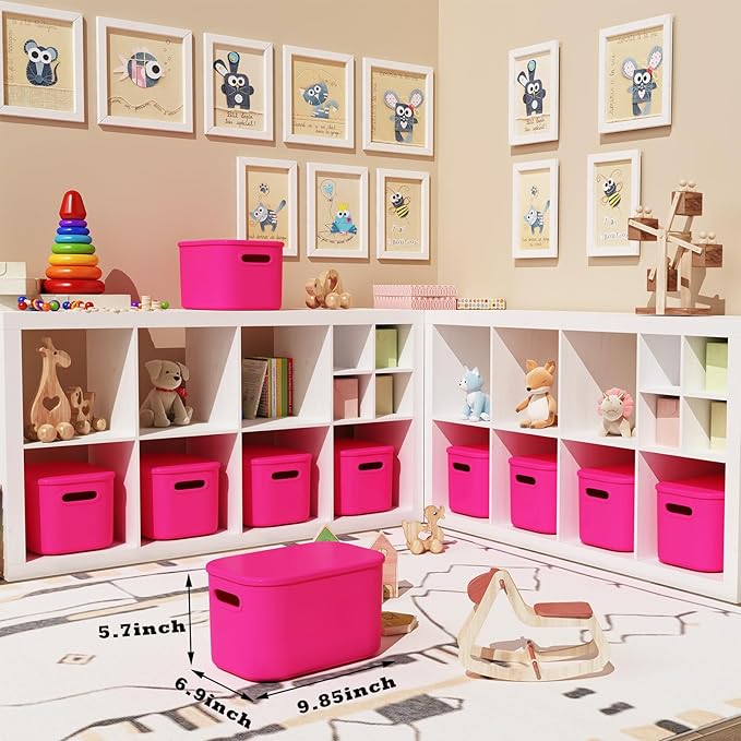 ORGIDOL 8 Pack Pink Storage Bins with Lids Stackable Storage Container for Organizing, Storage Boxes with Handle for Shelves, Cute Storage Bin for Craft, Snacks, 9.85x6.9x5.7 inch - Image 2