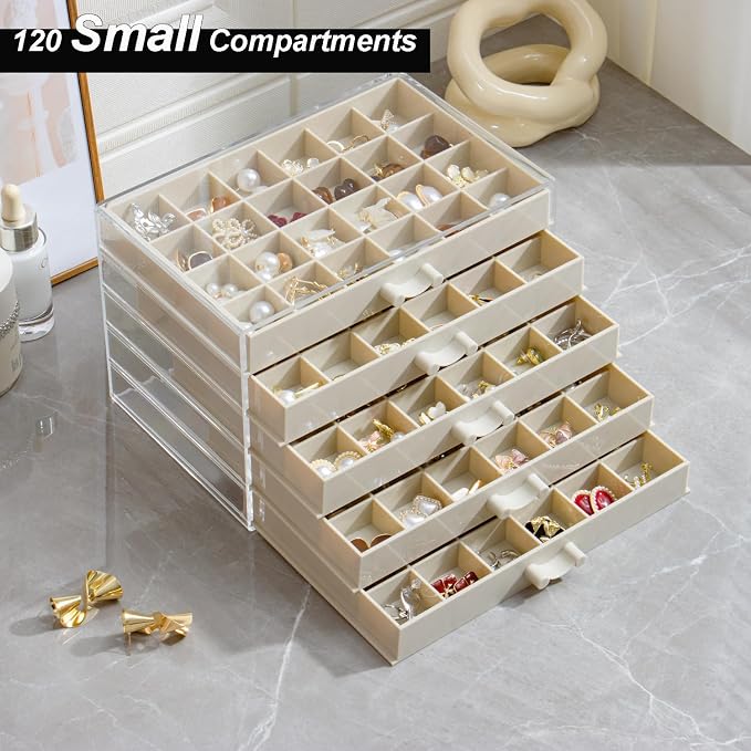 YUFONG Earring Storage Box Organizer, Acrylic Jewelry Storage Box Holder 5 Drawers Transparent Jewelry Display Stand with 120 Small Compartments Gift Boxes for Women Girls (Beige) - Image 2