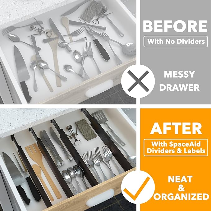 SpaceAid 4 Pack Bamboo Drawer Dividers with Labels, Kitchen Adjustable Drawer Organizers, Expandable Organization for Home Clothes Dressers (17-22 in, Black) - Image 2