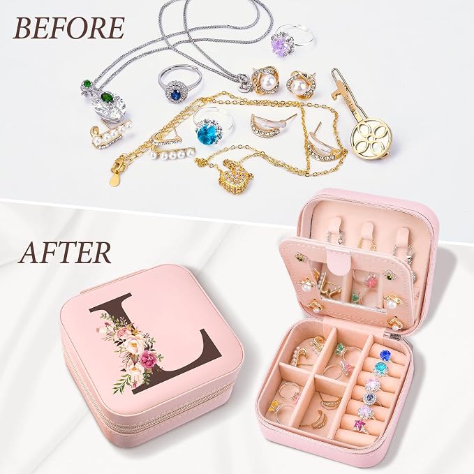 Preppy Travel Jewelry Gifts for Teen Girls, Travel Jewelry Box Personalized Christmas Gifts Stocking Stuffers for Women, Fashion Travel Essentials Trendy Stuff Easter Basket Stuffers, Initial L - Image 5