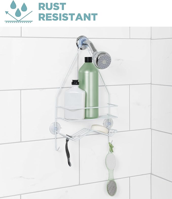 Zenna Home Rust Resistant Hanging Shower Caddy, Over the Shower Head Caddy with 1 Wide Shelf and Built In Soap Dish, Steel Bathroom Hanging Organizer, White - Image 2