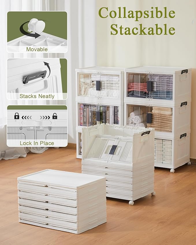 OlarHike 48QT Stackable Storage Bins with Lids - Folding Storage Boxes with Doors and Wheels, Collapsible Plastic Storage Organizer for Closets, Storage and Organization, 6 Pack Cubes - Image 2