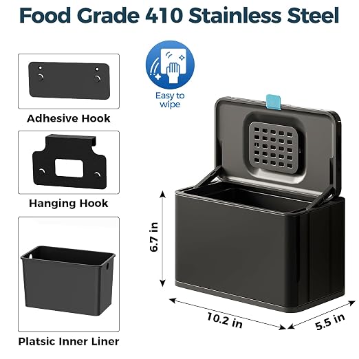 Stainless Steel Hanging Trash Can with Lid and Inner Bucket, 1 Gallon Kitchen Compost Bin for Counter Top, Under Sink or Wall Mount, Small Garbage Can for Cupboard/Bathroom/Bedroom/RV, Black - Image 6