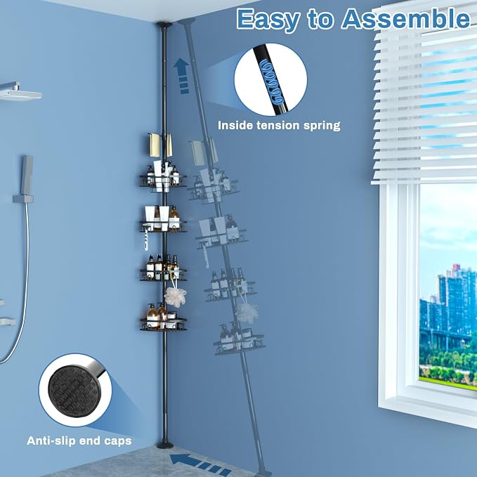 cutefafa Rustproof Corner Shower Caddy Tension Pole, 4 Large Baskets for Bathtub Shampoo Storage Organizer Bathroom Height Adjustable Shelves from 23.6 to 114.5 Inch with Towel Bar - Image 7