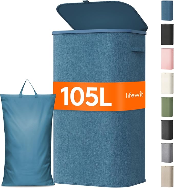 Lifewit 105L Large Laundry Basket with Lid, Laundry Hamper with Plastic Handles and Removable Bag, Foldable Tall Dirty Clothes Hampers for Laundry for Laundry Room, Bedroom, Bathroom, Dorm, Dark Blue by Lifewit