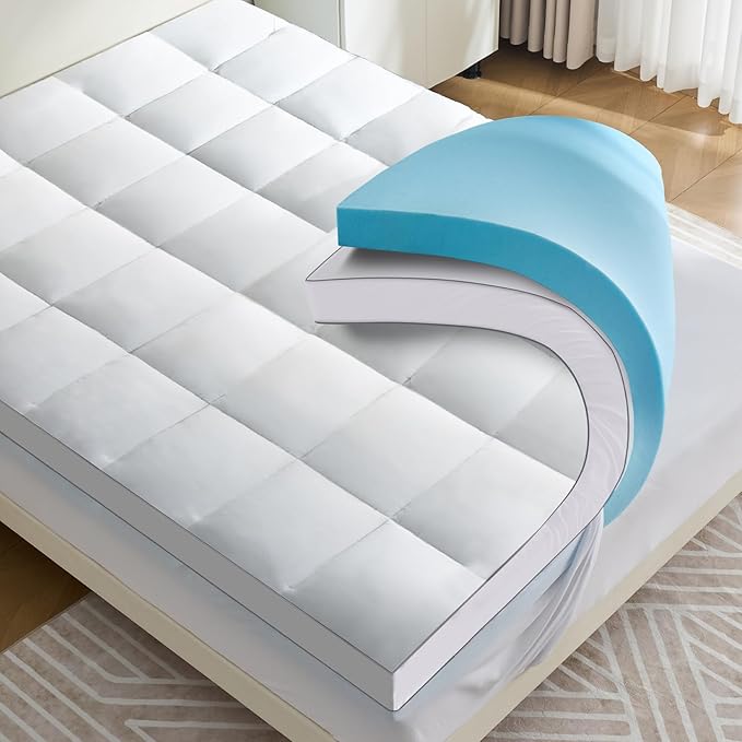 4 lnch Dual Layer Mattress Topper Queen Size, 2 Inch Cooling Gel Memory Foam and 2 Inch Soft Pillow Top Mattress Pad Cover for Back Pain, with Elastic Deep Pocket