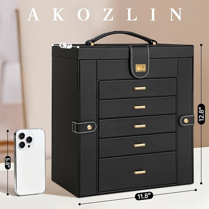 AKOZLIN Huge Jewelry Box Organizer Functional Extra Large Leather Jewelry Storage Case for Women Girls Ring Necklace Earring Bracelet Holder Organizer with Mirror Black - Image 4
