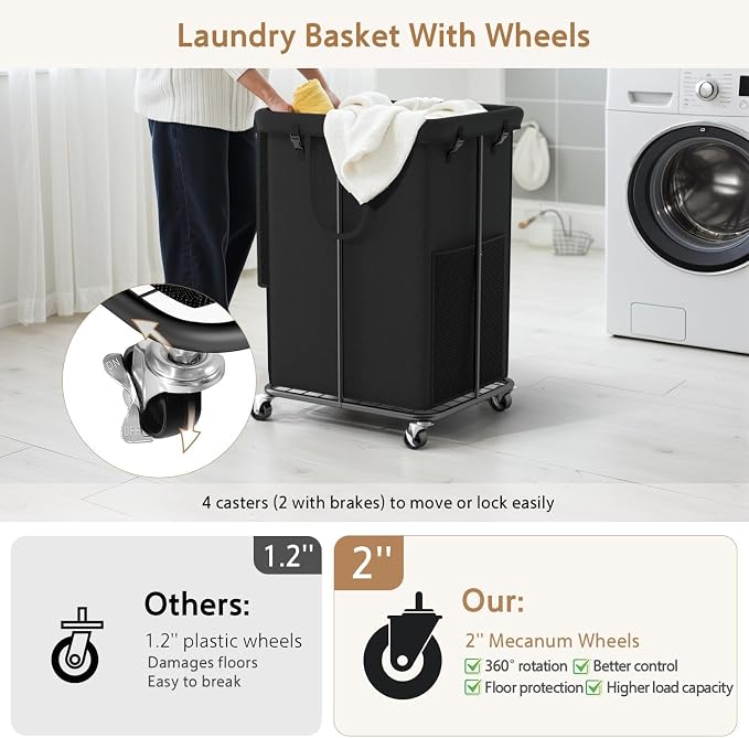 40 Gal Large Laundry Hamper with Lid, Rolling Laundry Basket with Wheels, Oxford Fabric Dirty Clothes Hampers with Removable Laundry Bag & Metal Frame for Bedroom, Laundry Room, Bathroom, Dorm(Black) - Image 3