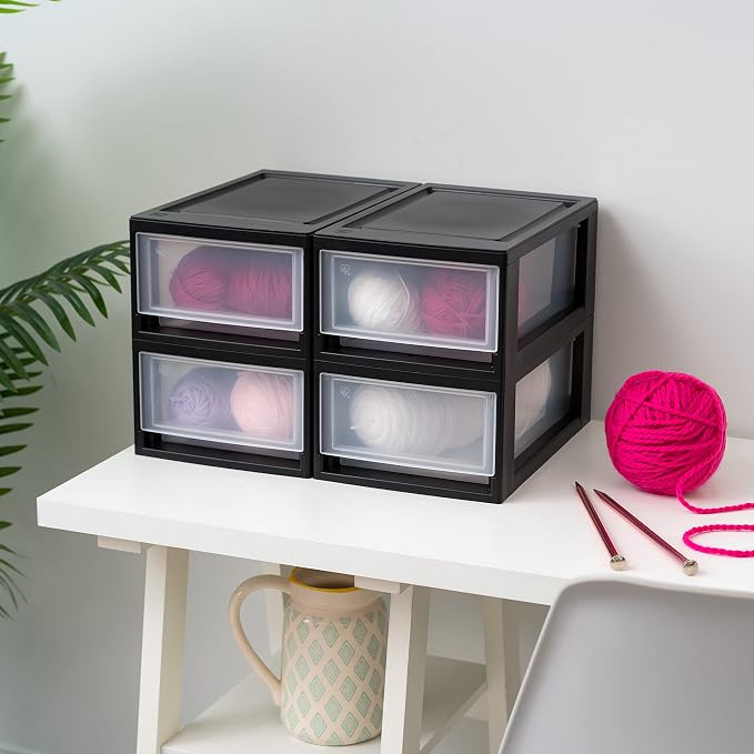IRIS USA 6 Qt. Small Plastic Stacking Drawer, Stackable Storage Organizer Unit with Sliding Drawer for Bedroom Kitchen Under Sink Pantry Craft Room Dorm Office, Black, 4-Pack - Image 2