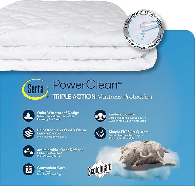 SERTA Power Clean Triple Action Quilted Soft Waterproof Mattress Pad Protector, Moisture Wicking Protection with 15" Deep Pocket, King, White