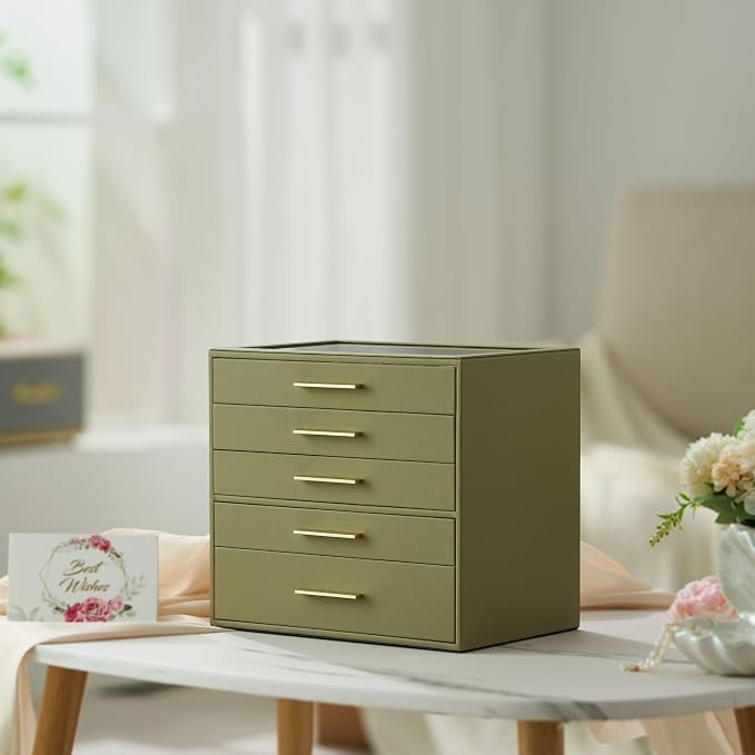 Jewelry Box Organizer Case for Women: 5-Layer Jewelry Storage Case with Glass Window, Olive Green Leather with Cream Velvet, Holder for Ring Necklace Bracelet Brooch Watch, Great Gift for Her - Image 4