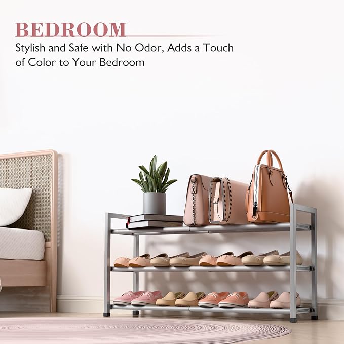 Bumusty 3-Tier Expandable Shoe Rack for Closet, 18“-33” Adjustable Shoe Rack for Small Space, Small Shoe Organizer for Front Door, Sturdy Metal, Light Grey - Image 6