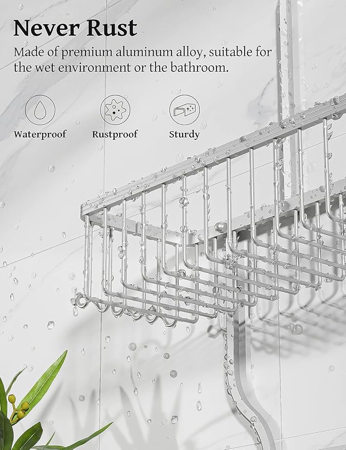 YASONIC Never-Rust Aluminum Hanging Shower Caddy – Over-the-Showerhead Organizer with 10 Hooks for Razor and Sponge – Includes Soap Basket – Silver - Image 3