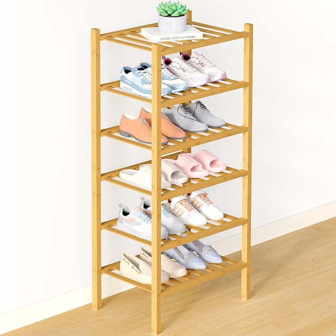 Smiry Bamboo Shoe Rack for Closet, 6 Tier Small Wooden Stackable Shoe Organizer, Free Standing Shoes Storage Shelf for Entryway, Front Door Entrance, Natural by Smiry