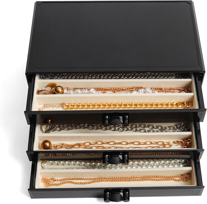 YUFONG Necklace Holder Organizer, Dustproof Necklace Box Velvet Necklace Organizer Box with Lid Clear Acrylic Dustproof Stackable Jewelry Displays for Necklaces Chain Display (Black Beige, 3 Drawer) by YUFONG