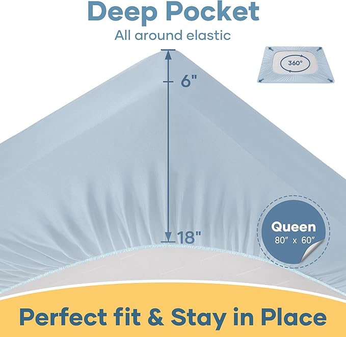 OhGeni 100% Waterproof Mattress Protector, Queen Size Blue, Fitted Sheet with Deep Pockets, 6''-18'', Premium Noiseless Breathable Soft Material, Mattresses Cover for Bed