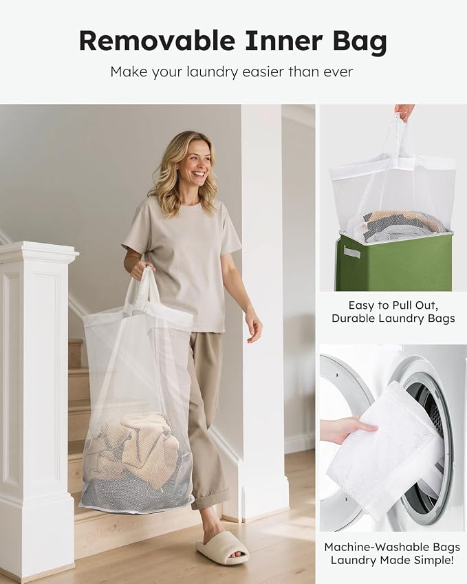 SOLEDI Laundry Hamper with Lid 100L Large & Tall Collapsible Laundry Basket, Clothes Hamper with Bag Removable Easy to Carry, Dirty Hampers for Bedroom, Bathroom, Dorm, College, Dark Green - Image 4