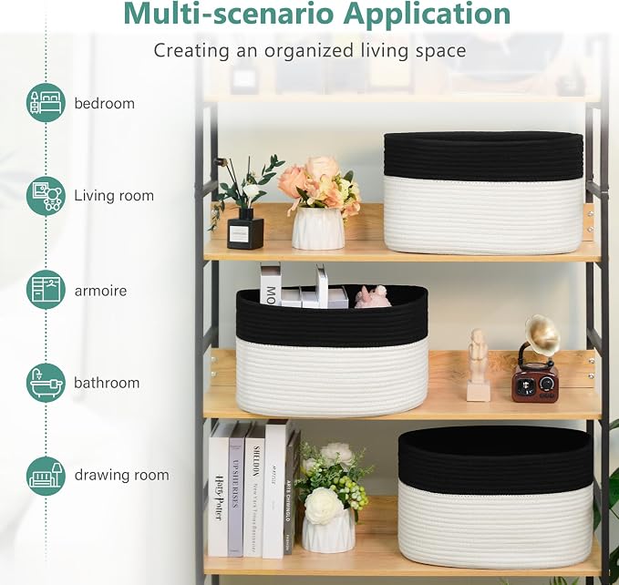 ECDYQXVU Cotton Rope Storage Basket, 15x10x9 Inches, Woven Basket for Shelves, Clothes, Towels, Books, and Laundry, Black/ White (3 Pack) - Image 6