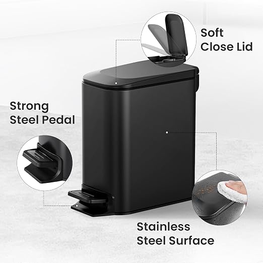 Cesun Small Bathroom Trash Can with Lid Soft Close, Step Pedal, 6 Liter / 1.6 Gallon Stainless Steel Garbage Can with Removable Inner Bucket, Anti-Fingerprint Finish (Matt Black) - Image 3