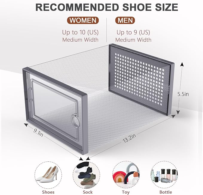 Kuject Large Shoe Organizers Storage Boxes for Closet, 12 Pack Clear Plastic Stackable Storage Bins with Lids, Under Bed Shoe Containers for Entryway, Drop Front, Fit up to Women's Size 10,Dark Gray - Image 3
