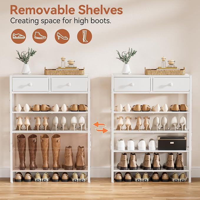 Shoe Rack for Entryway, 5 Tier Shoe Organizer with 2 Non-Woven Drawers, Metal Storage Shoe Shelf for 16-20 Pairs of Shoes, with Wooden Top and Steel Frame, Shoe Stand for Closet Greige - Image 7